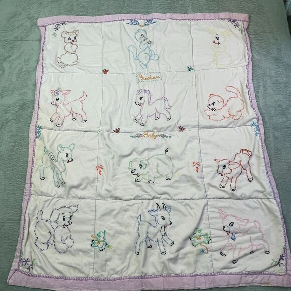 Vintage Baby Quilt Hand Embroidered Animals Pastel Crib Blanket Handmade 36x30 - Picture 7 of 16